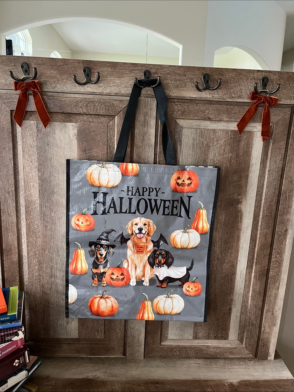 Happy Halloween Gray Trick-or-Treat Tote Bag with Pumpkin & Dogs